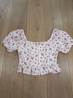 Altar’d State Floral Sweetheart Peplum Top - White with Pink Floral Size Medium